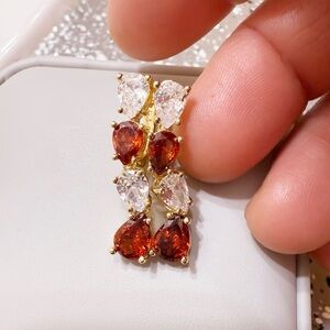 New! Elegant 18K Gold Plated Earrings With Clear and Red Teardrop Stones